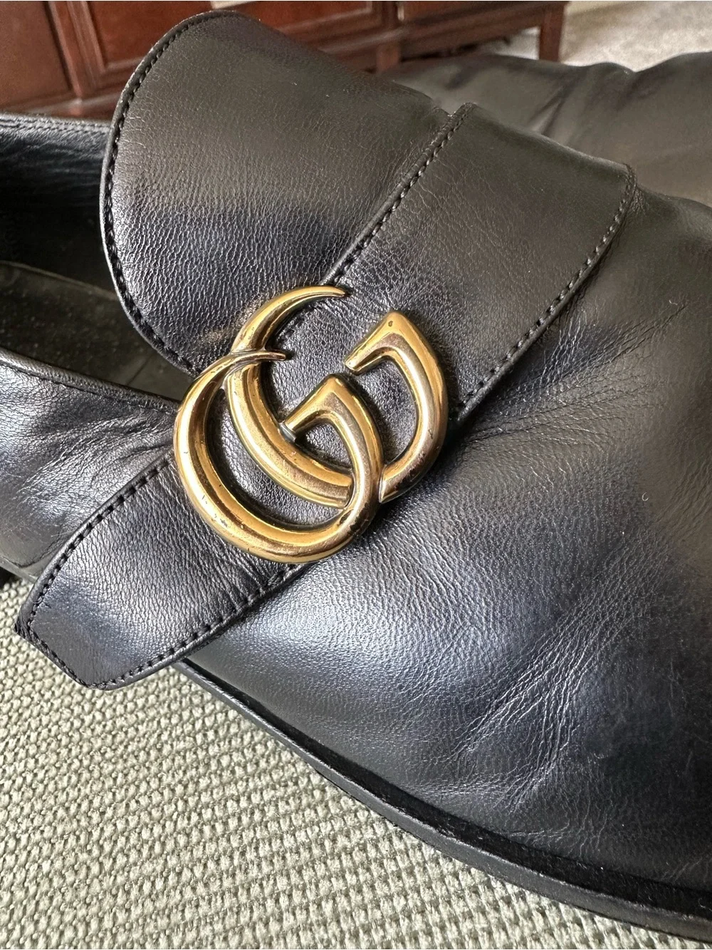 Gucci Black Leather Loafers with Gold Double G Hardware